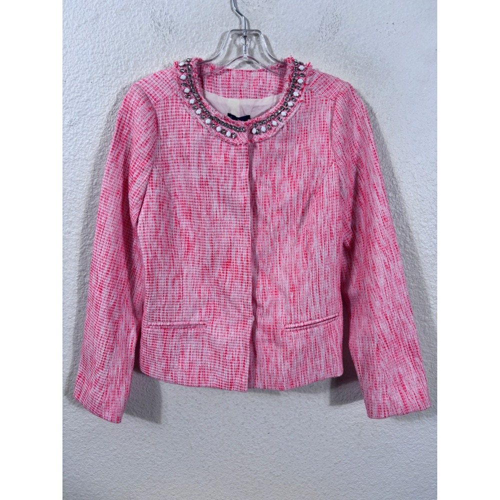 NYDJ Tweed Jacket Women XXS Orange Embellished Beaded Jewel Neck Blazer